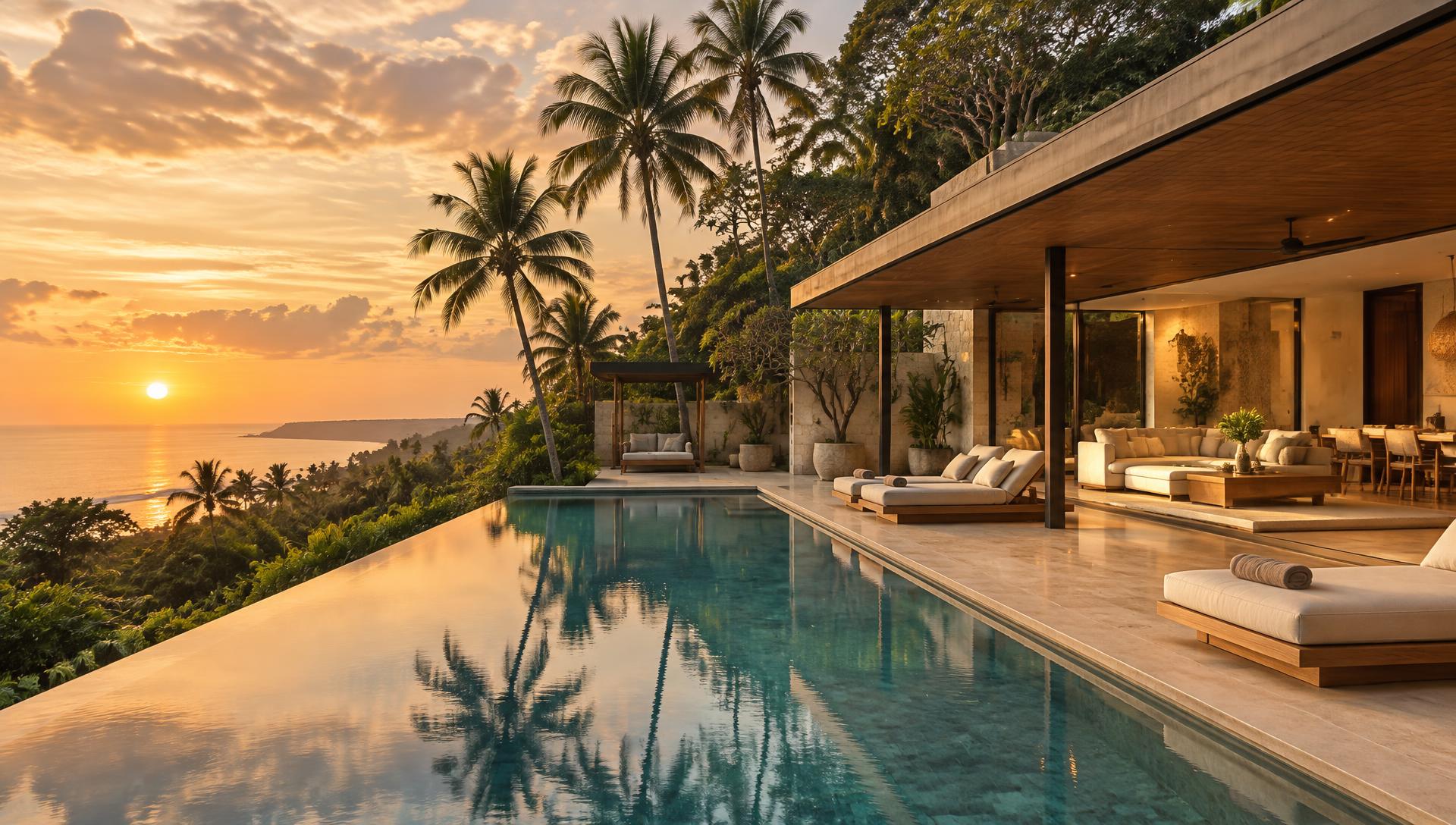 Luxury Bali villa and infinity pool at sunset